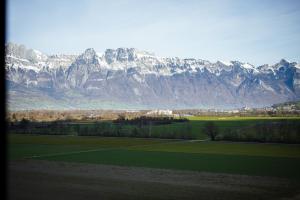 a mountain range with a green field and mountains at b-smart motel Schaan in Schaan