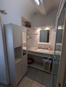 a bathroom with a sink and a mirror at Gîte Olivier in Vals-les-Bains +7 photos