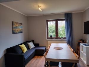 a living room with a couch and a table at Dom Mazurska Apartamenty in Rydzewo