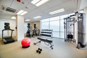 einen Fitnessraum mit Trainingsgeräten und einem roten Ball auf dem Boden in der Unterkunft SpringHill Suites by Marriott Dayton Beavercreek in New Germany