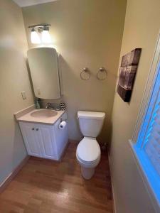 a bathroom with a toilet and a sink and a mirror at Luxury Downtown Living In Armory Square in Syracuse