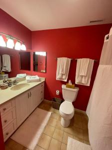 La salle de bains est pourvue de murs rouges, de toilettes et d'un lavabo. dans l'établissement Luxury Downtown Living In Armory Square, à Syracuse
