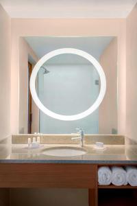 uma casa de banho com um lavatório e um espelho grande em SpringHill Suites Long Island Brookhaven em Bellport