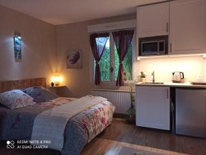 a bedroom with a bed and a small kitchen at Studio Climatisé & Appartement Zen de Beauval- 800 m du Zooparc in Seigy