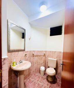 uma casa de banho com um lavatório, um WC e um espelho. em Departamento de Patricia em Sucre