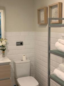 een badkamer met een toilet en een wastafel met handdoeken bij Coral Oro en la Caleta Ha Apartment in Cádiz