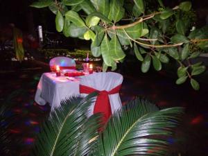 une table avec un ruban rouge et une chaise éclairée dans l'établissement Casa de Campo Peñalisa Hotel campestre, à Ricaurte