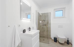 レンブルッフにあるCozy Apartment In Lembruchdümmer Seeの洗面台とシャワー付きの白いバスルーム +20枚の写真