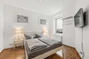 a bedroom with a bed and a flat screen tv at Budget Apartment am Fernsehturm in Berlin