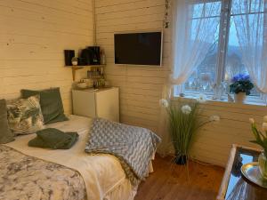 um quarto com uma cama e uma televisão na parede em Villa Angelica em Ljungskile