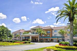 a hotel with a palm tree in front of a building at Courtyard by Marriott Jacksonville Airport/ Northeast in Jacksonville