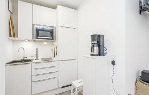 a kitchen with white cabinets and a microwave at Cozy Apartment In Lembruchdümmer See in Lembruch