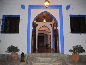 une entrée dans un bâtiment avec deux plantes en pot dans l'établissement Auberge Casa Linda, à Chefchaouen