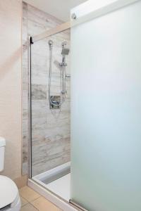 a bathroom with a shower with a tub and a toilet at Rochester Marriott Mayo Clinic Area in Rochester