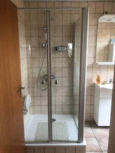 W łazience znajduje się prysznic ze szklanymi drzwiami. w obiekcie Laaker Villa nearby outlet Roermond w mieście Ohé en Laak