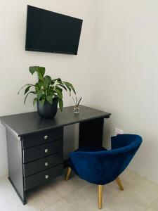 a desk with a potted plant and a blue chair at Studio On Nate in Mount Pleasant
