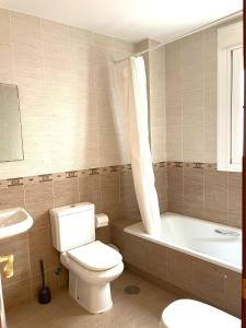 a bathroom with a toilet and a tub and a sink at Apartamento San Francisco in Lucena