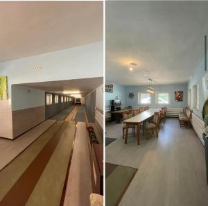 a dining room and a living room with a long table at Hotel Haus Schürmann in Dorsten