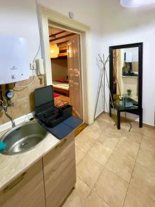 ein Badezimmer mit einem Waschbecken und einem Laptop auf der Theke in der Unterkunft La Stella di Budapest in Budapest