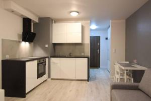 a kitchen with white cabinets and a table and a couch at Studio apartment with sofa in Krakow