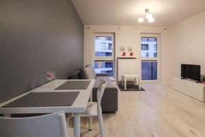 a living room with a table and chairs and a television at Studio apartment with sofa in Krakow