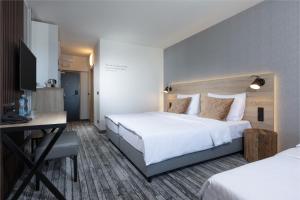 泽勒兹纳·鲁达OREA Resort Horizont Šumava的有两张床和一张书桌的酒店房间