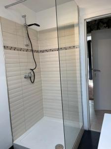 La salle de bains est pourvue d'une douche avec une porte en verre. dans l'établissement Le cocon de la belle liégeoise, à Liège