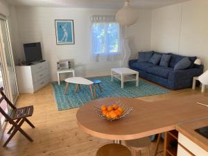 a living room with a blue couch and a table at Chalet Mimosas in Gassin
