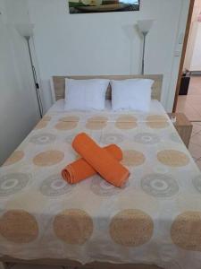 a bed with two carrots on top of it at LE COLIBRI in Petit-Bourg