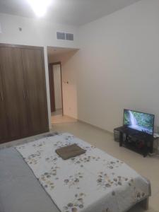 a room with a bed and a flat screen tv at Elegant Room In shared Apartment in Ajman 