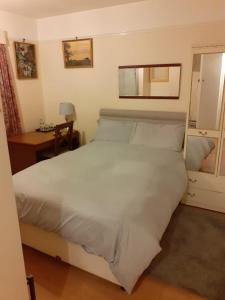 Earlham的住宿－Orlando's，卧室配有一张白色大床和一张书桌