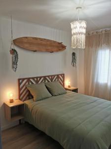 een slaapkamer met een groot bed en een kroonluchter bij L'exotic' 1 à 4 voyageurs in Perpignan