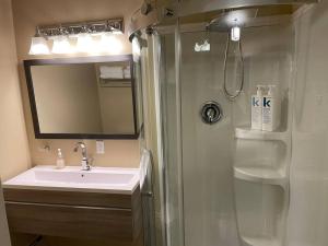 a bathroom with a sink and a shower with a mirror at Cozy Furnished Apartment in Simpson