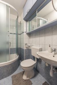 ein Bad mit einem WC, einem Waschbecken und einer Dusche in der Unterkunft Apartman Silvija in Podstrana
