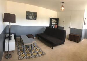 ein Wohnzimmer mit einem schwarzen Sofa und einem Tisch in der Unterkunft Les Gîtes de la Mare in Saint-Manvieu