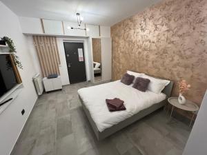 - une petite chambre avec un lit et une télévision dans l'établissement One Room Iasi, à Iaşi