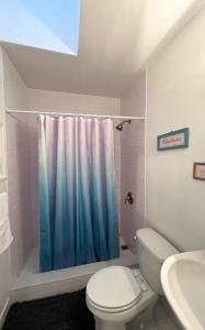 a bathroom with a shower curtain and a toilet at Miami Beach Rooms B&B in Miami Beach