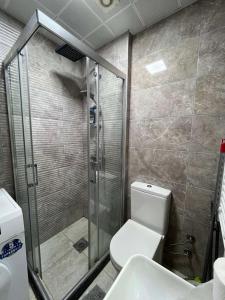 ein Bad mit einer Dusche, einem WC und einem Waschbecken in der Unterkunft Skopje LEKS apartment in Skopje