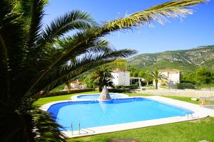 einen Pool im Garten mit Palmen in der Unterkunft Precioso ático en la Sierra de Irta in Alcossebre
