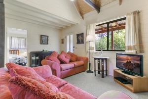 uma sala de estar com um sofá e uma televisão em Arcadia em Wentworth Falls