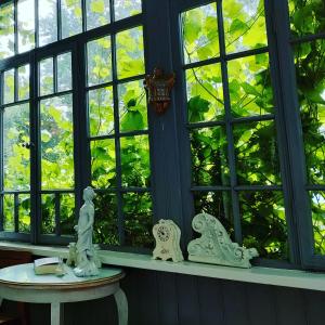 a room with windows and a statue on a table at Willa Gaszek in Inowłódz