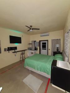 a bedroom with a green bed and a flat screen tv at Home Away! in Frenchtown