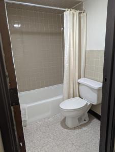 een badkamer met een toilet, een bad en een wastafel bij Luxury inn in Mustang