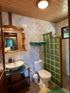 a bathroom with a toilet and a sink at Tehuarupe Surf Studios in Haapiti