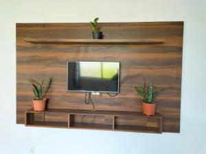 a tv on a wooden wall with two potted plants at Samith Home Stay in Madikeri