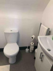 a bathroom with a white toilet and a sink at Newly refurbished studio, great location 8 studios in Nottingham