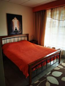 a bedroom with a red bed with a window at Orange Apartment in Druskininkai