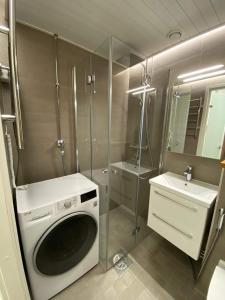 - un lave-linge dans la salle de bains pourvue d'un lavabo dans l'établissement City Apartment Sotilaskatu, à Iisalmi