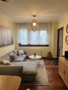 uma sala de estar com um sofá e uma mesa em Olabeaga apartamento urbano de diseño con wifi em Bilbao