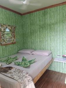 a bedroom with two beds and a green wall at Green Acres Village in Moalboal